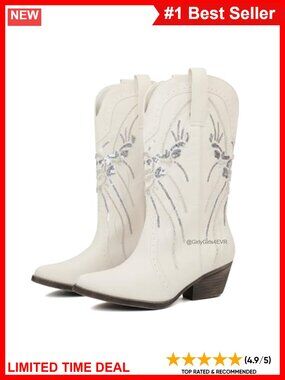 Women's Sequin Embroidered Western Cowboy Boots Pointed Toe Mid Calf Pull On